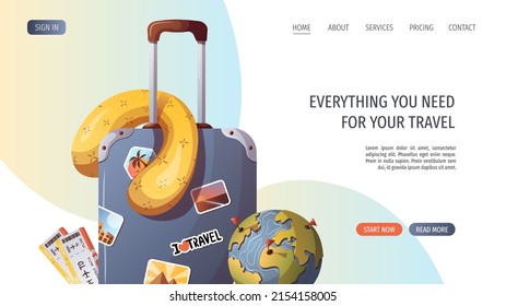 Travel, tourism, adventure, journey concept. Suitcase, travel pillow, bag, passports and globe. Vector illustration, website template.