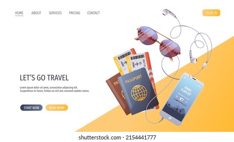 Travel, tourism, adventure, journey concept. Passports and tickets, sunglasses, phone. Vector illustration, website template.