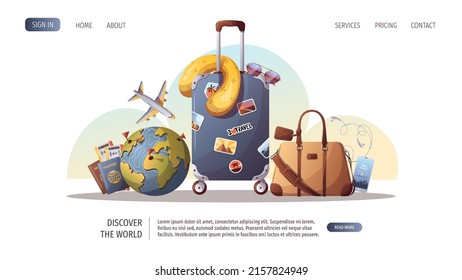 Travel, tourism, adventure, journey concept. Suitcase, travel pillow, airplane, bag, passports, camera and globe. Vector illustration, website template.