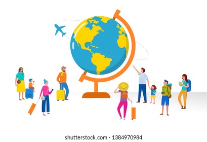 Travel, tourism, adventure scene with globe and miniature people, modern flat style. Vector illustration