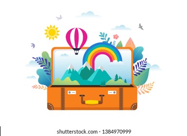 Travel, tourism, adventure scene with open suitcase, leaves, rainbow and miniature people, modern flat style. Vector illustration