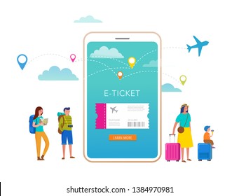 Travel, tourism, adventure scene with smartphone and miniature people, tourists in modern flat style. Vector illustration