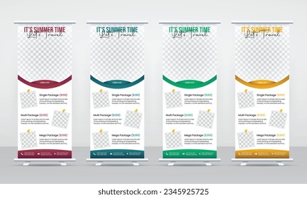 Travel and tourism advertising roll up banner design template, pull up standee x  banner marketing promotional display cover layout set for holiday adventure packages