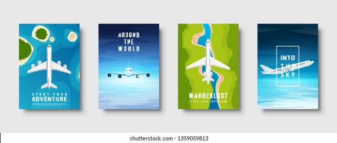 Travel and tourism. Airplane, aviation. Summer holidays vacation. Plane landing. Flight air traveling. Sky tropical background. Island sea, boats journey. Vector illustration.