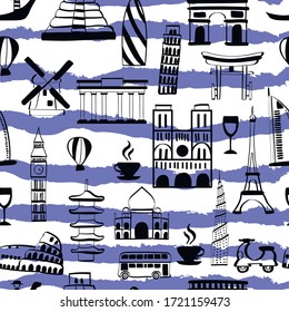 travel, tourism, architecture, fashion vector seamless pattern on white background. Concept for wallpaper, wrapping paper , cards , menu 