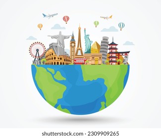 travel and tourism around the world. buildings and landmarks on earth. time to travel. vector illustration in flat style modern design. isolated on white background.