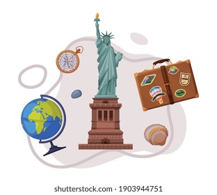 Travel and Tourism Attribute with Statue of Liberty as City Landmark and Globe Vector Composition
