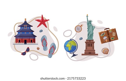 Travel and Tourism Attribute with Statue of Liberty and Pagoda Temple as City Landmark Vector Composition Set