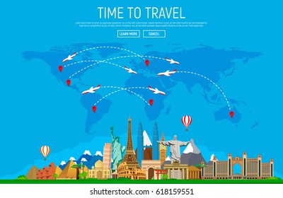 Travel and tourism background. Big set of famous landmarks and world map. Web-banner. Vector illustration.