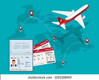 Travel and tourism background. Buying or booking online tickets. Travel, Business flights worldwide. Air travel world globe airline tickets. Flat isometric vector illustration.