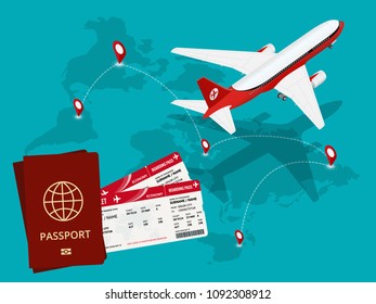 Travel and tourism background. Buying or booking online tickets. Travel, Business flights worldwide. Air travel world globe airline tickets. Flat isometric vector illustration.