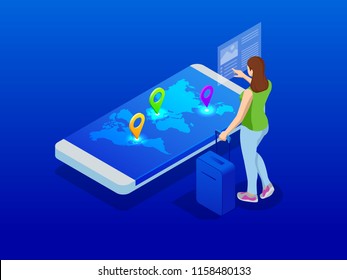 Travel and tourism background. Buying or booking online tickets. Travel, Business flights worldwide. Flat isometric vector illustration.