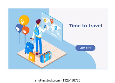 Travel and tourism background. Buying or booking online tickets.Flat isometric vector illustration