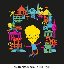 Travel and tourism background. Colorful template with man and tourism landmarks.  File is saved in 10 EPS version.