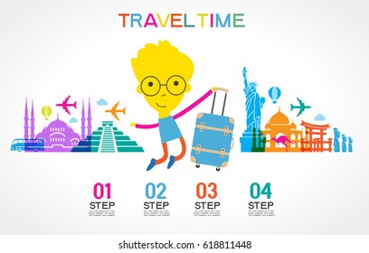 Travel and tourism background. Colorful template with man and tourism landmarks.  File is saved in 10 EPS version.