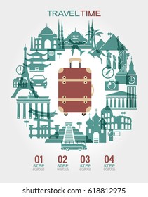 Travel and tourism background. Colorful template with suitcase and tourism landmarks.  File is saved in 10 EPS version.