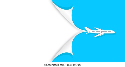 Travel and tourism background concept. Airplane is flying on blue background and pulling curled up paper corners. Flyer or banner design for travel agencies. Vector