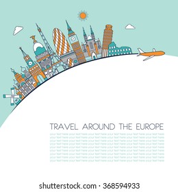 Travel and tourism background. Europe detailed silhouette. Vector background. line illustration. Line art style