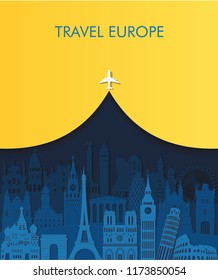 Travel and tourism background. Europe famous monuments skyline. Paris, London, Rome, Italy, Moscow, Istanbul, Prague, Vienna, Madrid famous monuments. Travel Europe. Vector illustration