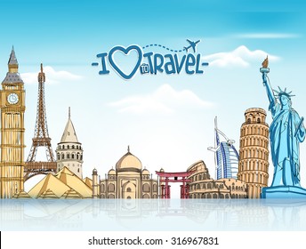 Travel and Tourism Background with Famous World Landmarks in 3d Realistic and Sketch Drawing Elements. Vector Illustration
