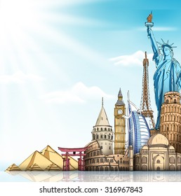 Travel and Tourism Background with Famous World Landmarks in 3d Realistic and Sketch Drawing Elements. Vector Illustration
