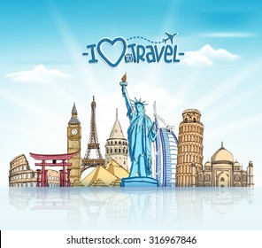 Travel and Tourism Background with Famous World Landmarks in 3d Realistic and Sketch Drawing Elements. Vector Illustration
