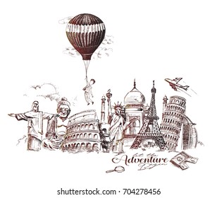 Travel and Tourism Background with Famous World Landmarks, Hand Drawn Sketch Vector illustration. 