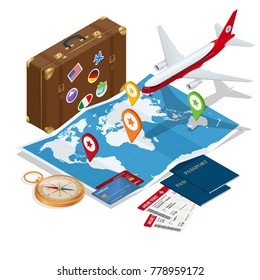Travel and tourism background. Flat 3d Vector illustration. To travel is to live Bag, passport, tickets and Passenger airplane. Luxury vacation. Our travel destinations banner.