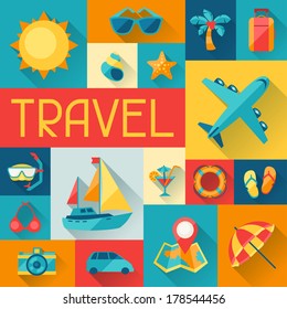 Travel and tourism background in flat design style.