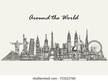 Travel and tourism background. Hand drawn world skyline.  Vector illustration of famous world monuments