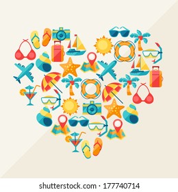 Travel and tourism background of icons in heart shape.