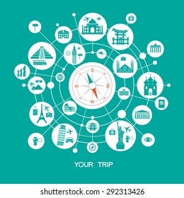 Viagens e turismo de fundo e infográfico . Viagens e locais de interesse famosos. Conceito de viagem com ícones elegantes. 