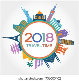 Travel and tourism background. New Year background. Colorful template with icons and tourism landmarks. Illustration of flat design travel composition with famous world landmarks. 