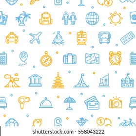 Travel And Tourism Background Pattern Color Thin Line Icons On White For Web And App. Vector Illustration