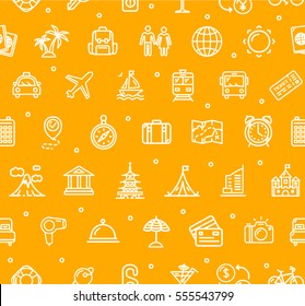 Travel and Tourism Background Pattern White Thin Line Icons on Yellow for Web and App. Vector illustration