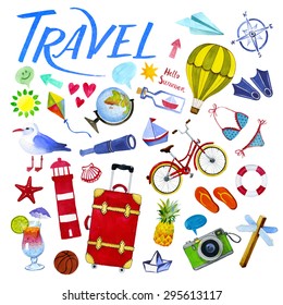 Travel and tourism background. Scrap booking elements. Hand painted watercolor illustration. Vector isolated images on the white background. Welcome.