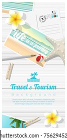Travel and tourism background with tropical beach postcards on wooden board , vector , illustration