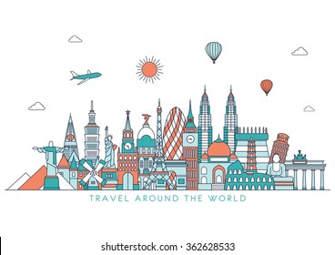 Travel and tourism background. Vector background. line illustration. Line art style