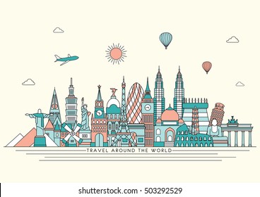  Viajes y turismo. Fondo vectorial. ilustración de línea. Estilo de arte de línea