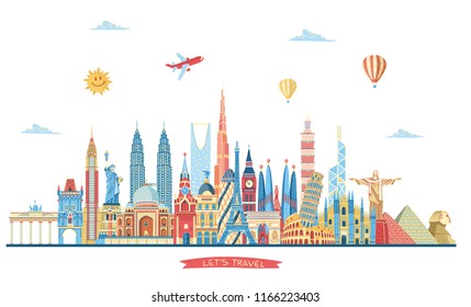 Travel and tourism background. World famous monuments skyline. London, Paris, Dubai, New York, India, Italy, Moscow, Barcelona monuments. Vector illustration