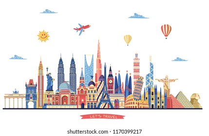 Travel and tourism background. World famous monuments. London, Paris, Moscow, Rome, New York, Asia, Dubai, India, China, Thailand famous monuments.  Vector illustration