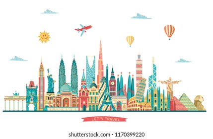 Travel and tourism background. World famous monuments. London, Paris, Moscow, Rome, New York, Asia, Dubai, India, China, Thailand famous monuments.  Vector illustration