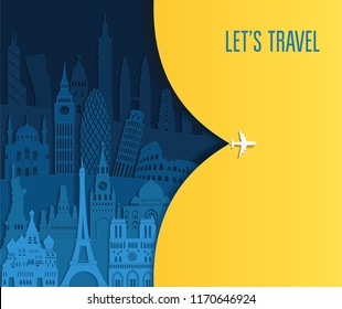 Travel and tourism background. World famous monuments. London, Paris, Moscow, Rome, New York, Asia, Dubai, India, China, Thailand famous monuments.  Vector illustration