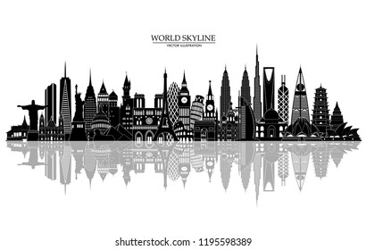 Travel and tourism background. World famous monuments skyline. Vector illustration