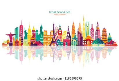 Travel and tourism background. World famous monuments skyline. Vector illustration