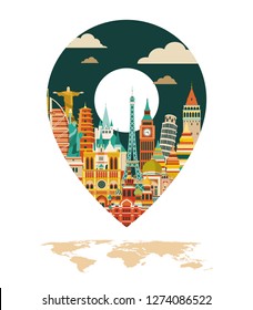 Travel and tourism background. World famous monuments skyline. Vector illustration