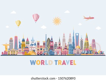 	
Travel and tourism background. World famous monuments skyline. Vector illustration