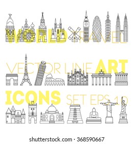 Travel and tourism background. World famous monuments icons set. Vector background. line illustration. Line art style