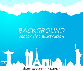 Travel and tourism background. World skyline. Landmark. vertical poster. Vector flat illustration