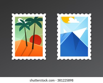 Travel and tourism backgrounds with palms on a beach and seascape. Abstract vector illustration